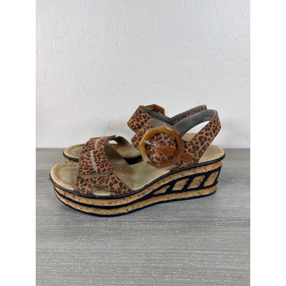 Rieker Antistress Leopard Print Wedge Platform Sandals Buckle Brown Womens 40